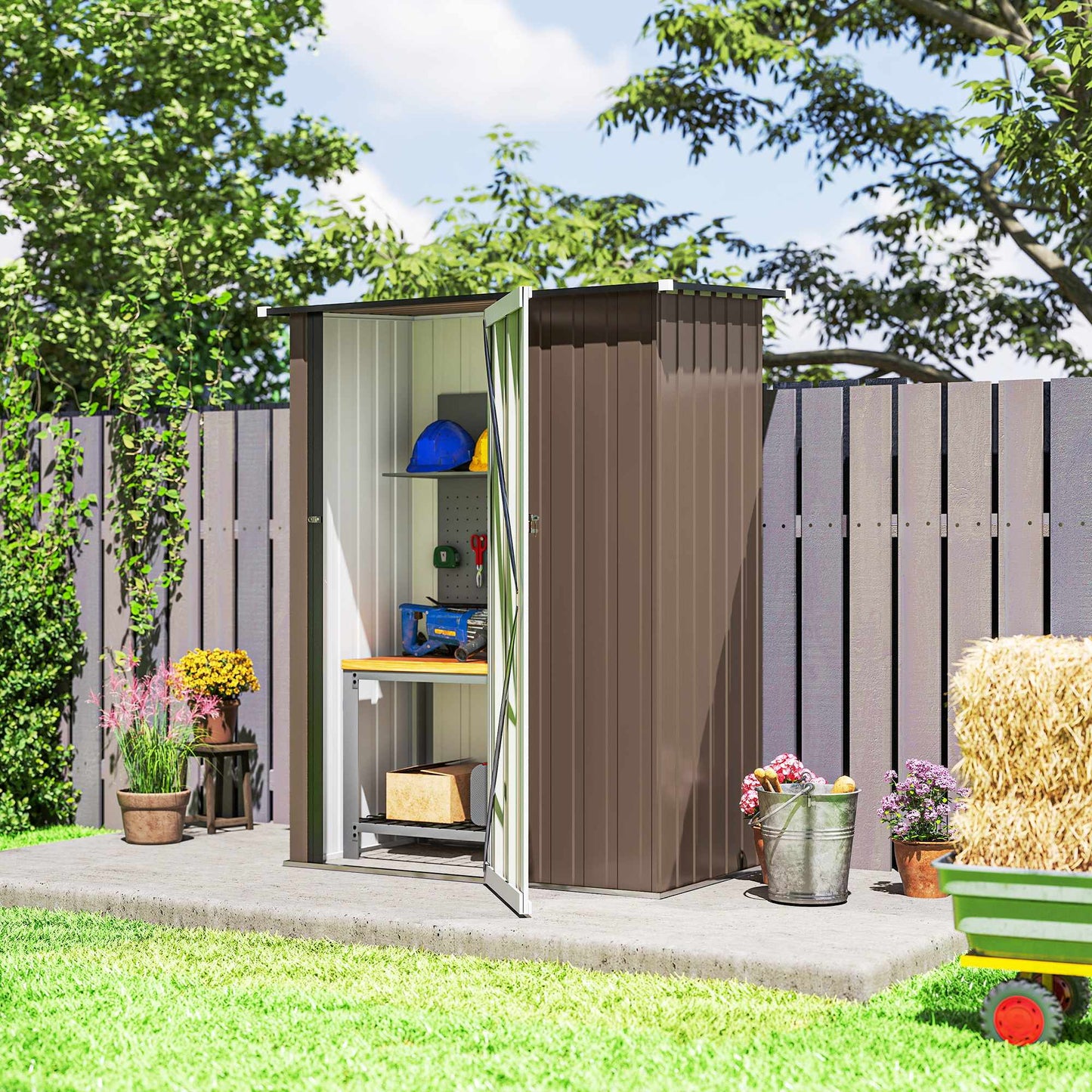 Metal Garden Shed with Sloped Roof, Lockable Door, Brown