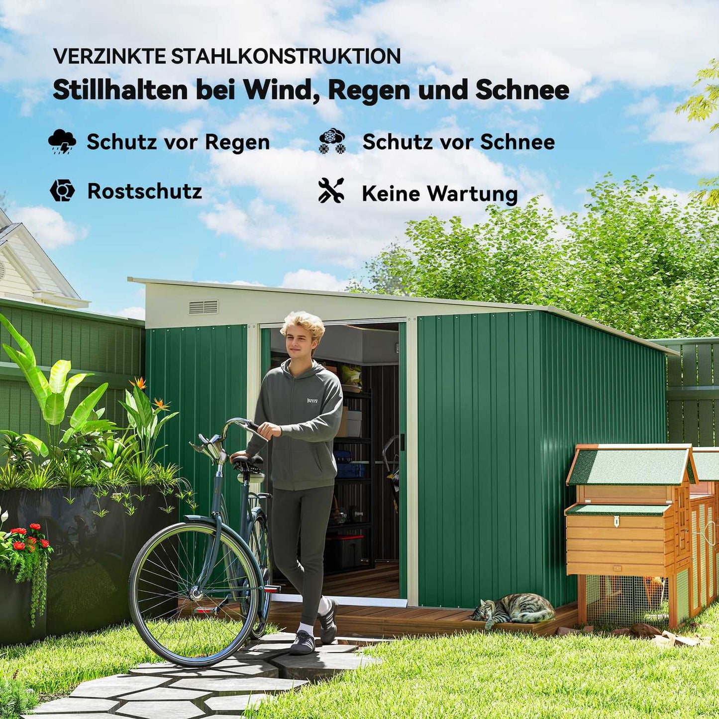 Metal Garden Shed with Sloped Roof, Lockable Double Door