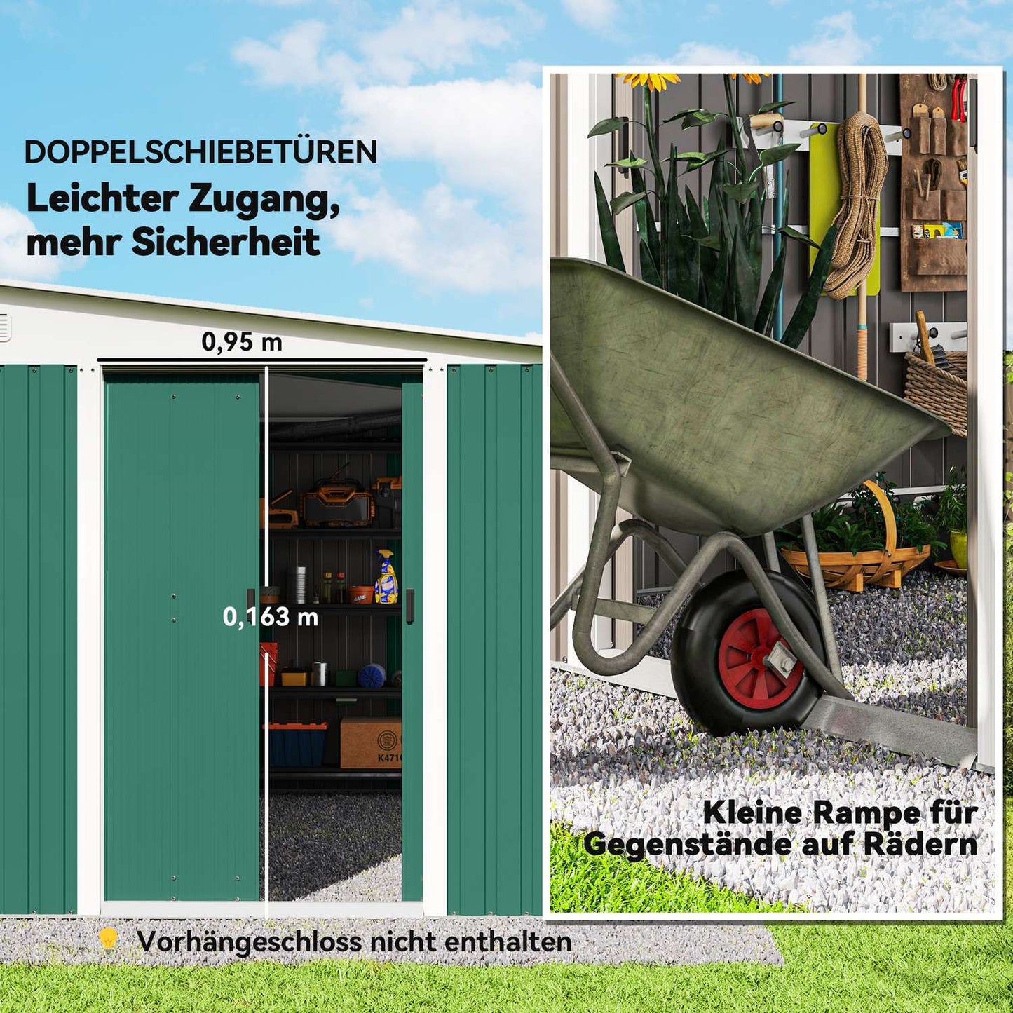 Metal Garden Shed with Sloped Roof, Lockable Double Door