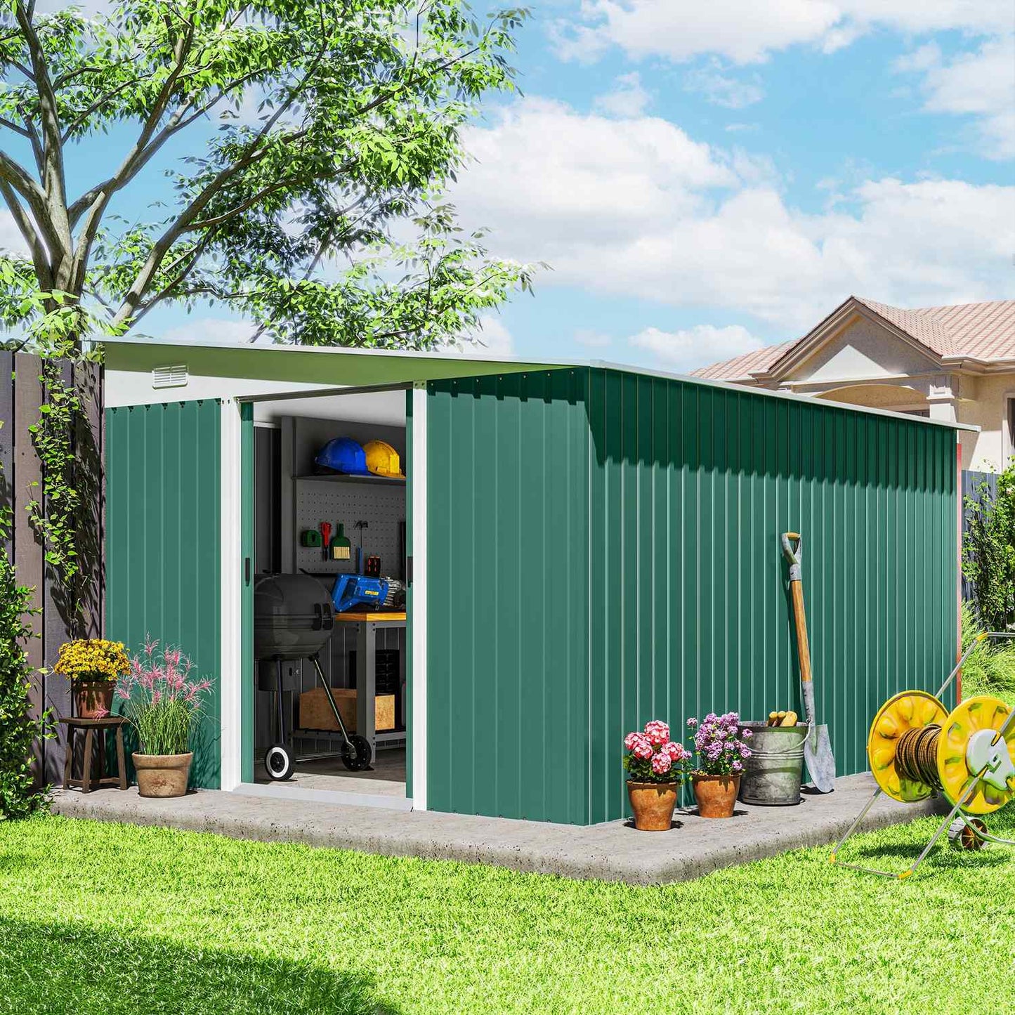 Metal Garden Shed with Sloped Roof, Lockable Double Door