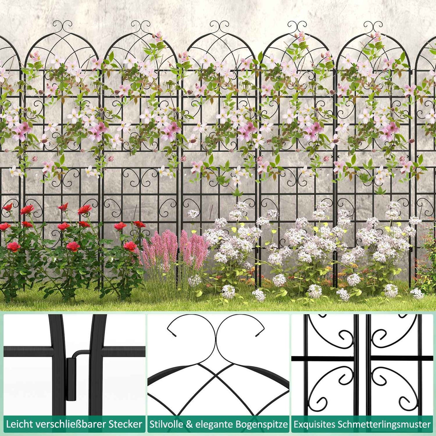 Metal Garden Trellis Set, 4-Pack, 180x50 cm, Black