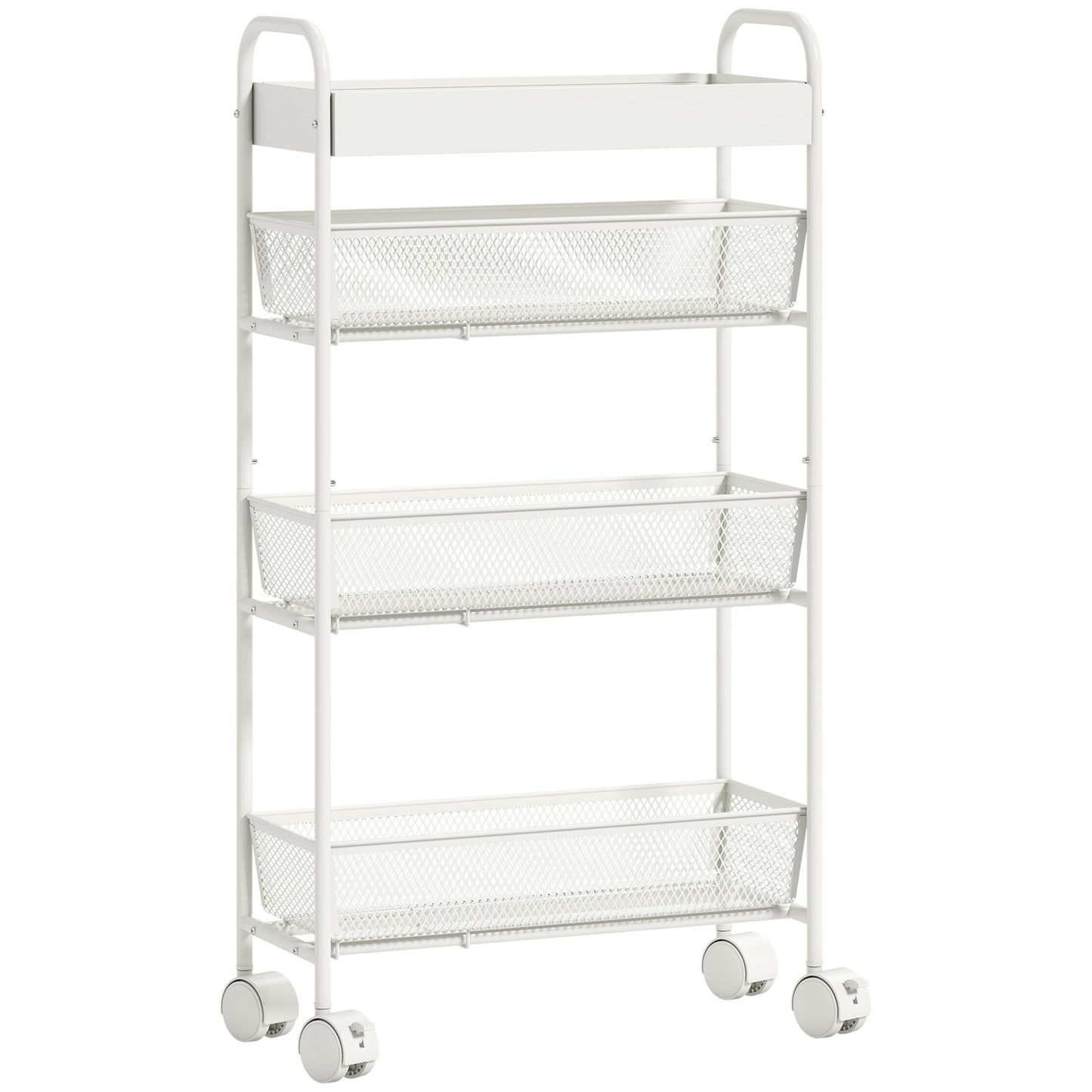 Metal Kitchen Cart, 3 Baskets, Slim Design, 4 Wheels, White
