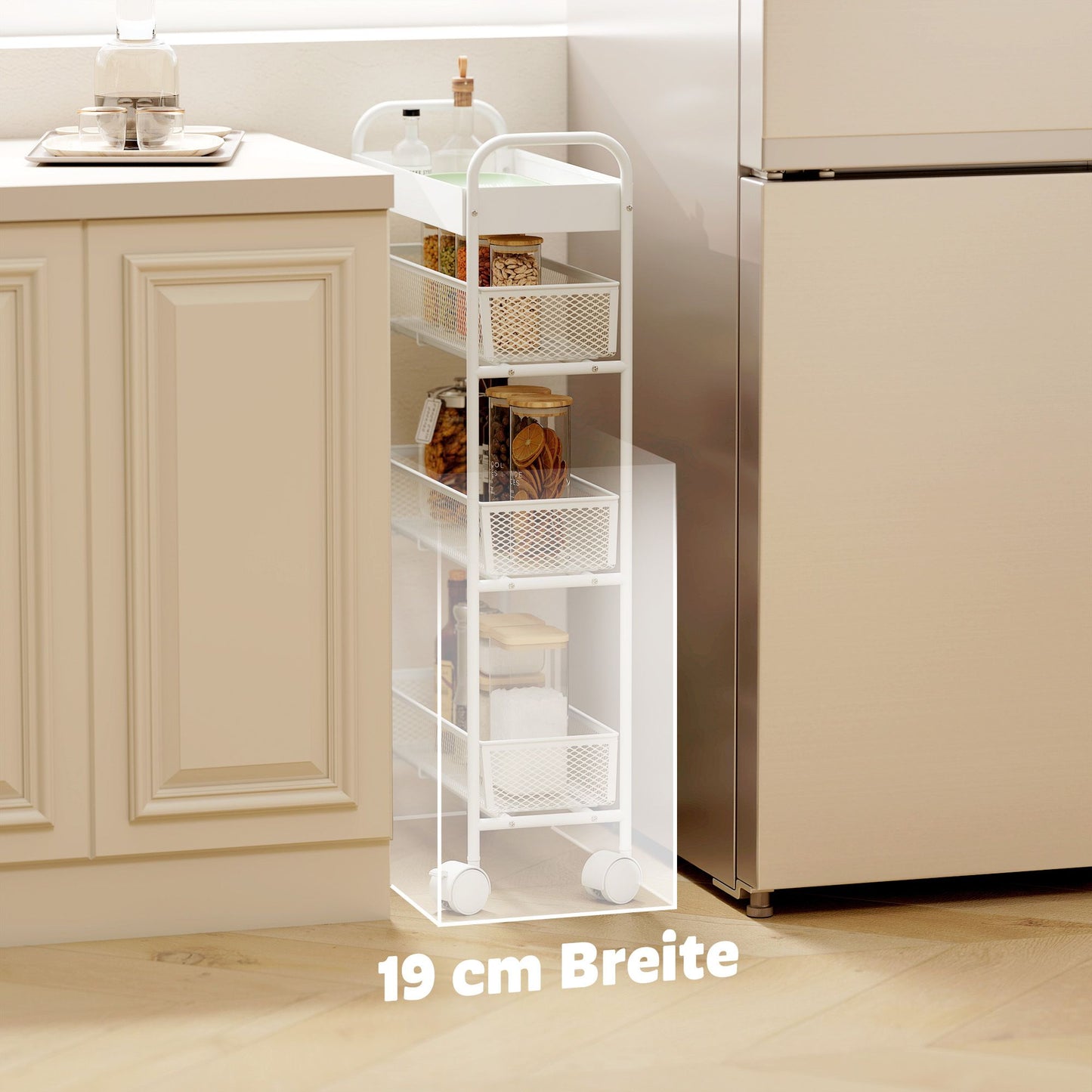 Metal Kitchen Cart, 3 Baskets, Slim Design, 4 Wheels, White