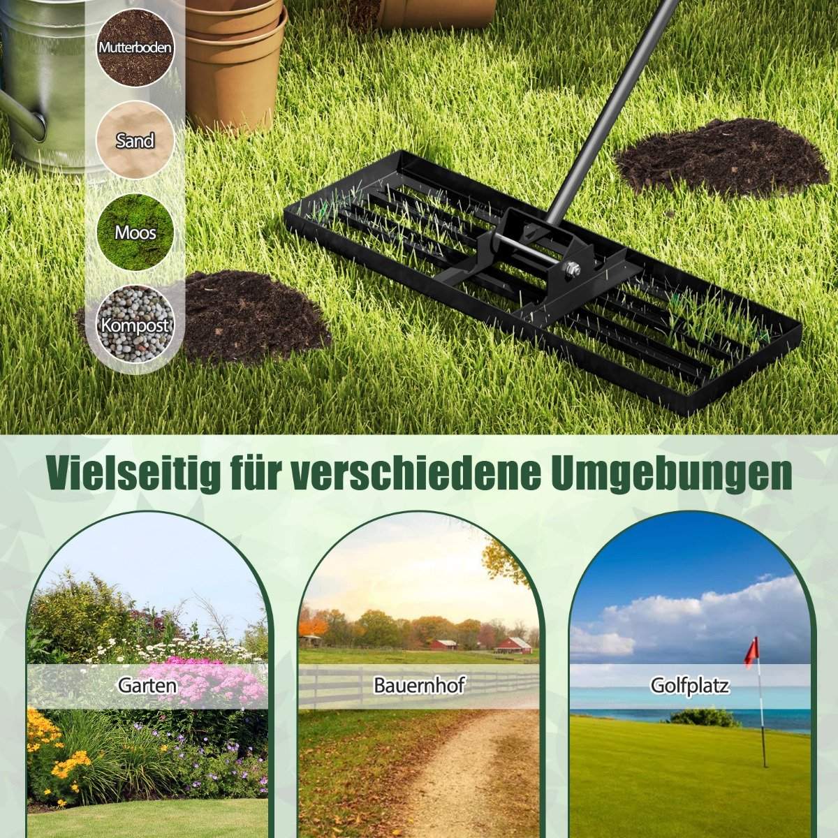 Metal Lawn Leveling Rake with Ergonomic Handle, 75x25 cm