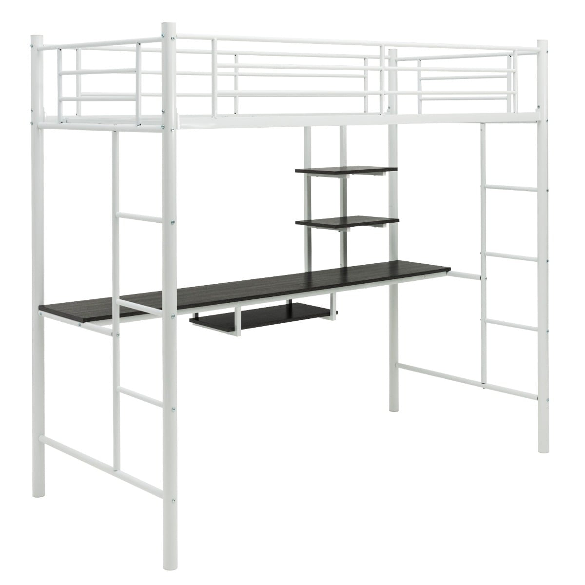 Metal Loft Bed Frame with Desk, Ladders, and Guardrails