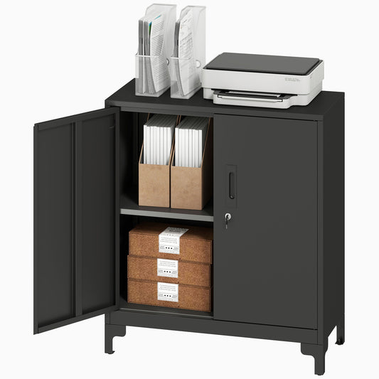 Metal Office Cabinet, Lockable Doors, 2-Tier, Black