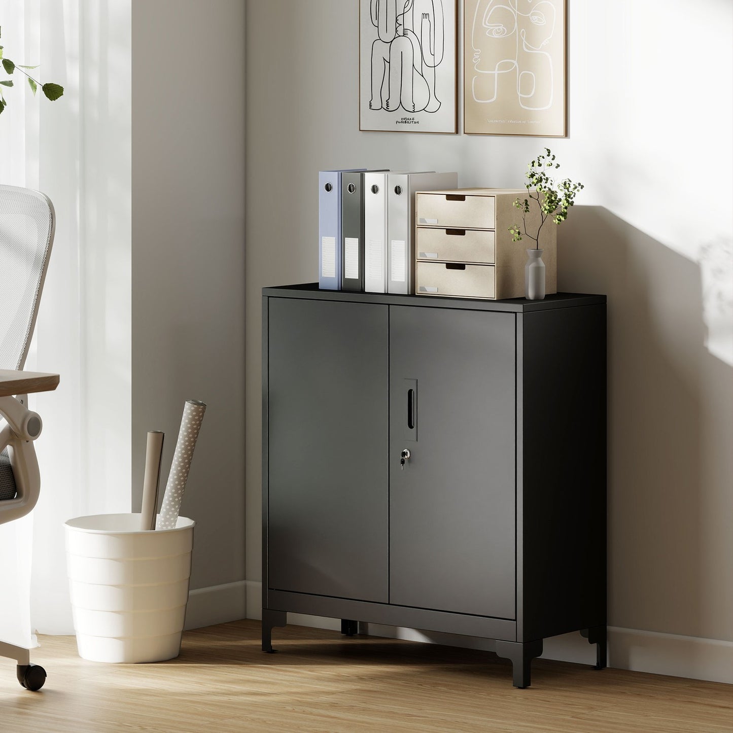 Metal Office Cabinet, Lockable Doors, 2-Tier, Black