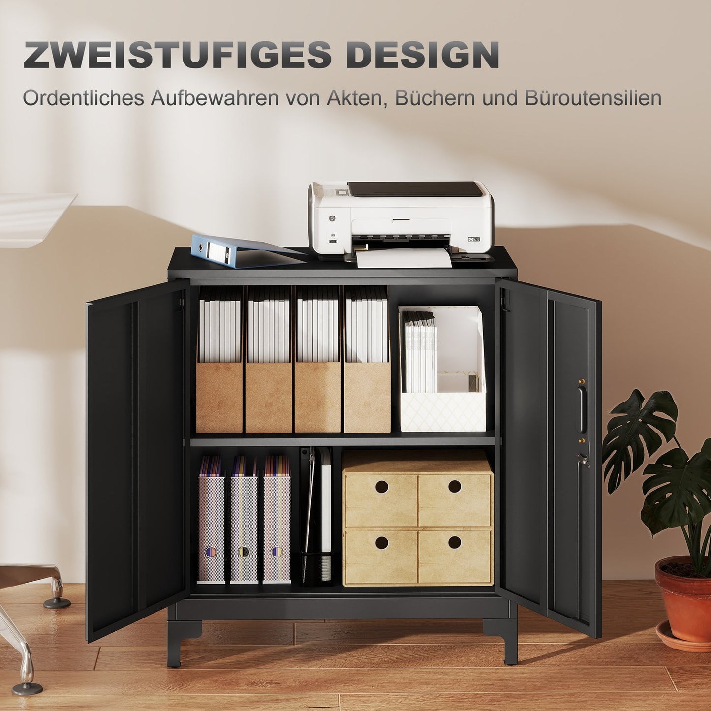 Metal Office Cabinet, Lockable Doors, 2-Tier, Black