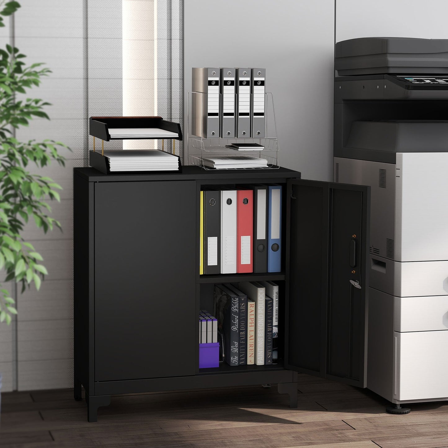 Metal Office Cabinet, Lockable Doors, 2-Tier, Black
