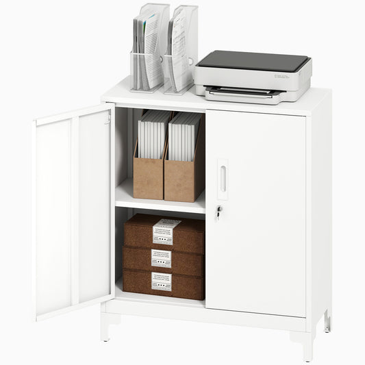 Metal Office Cabinet, Lockable Doors, 2-Tier, White