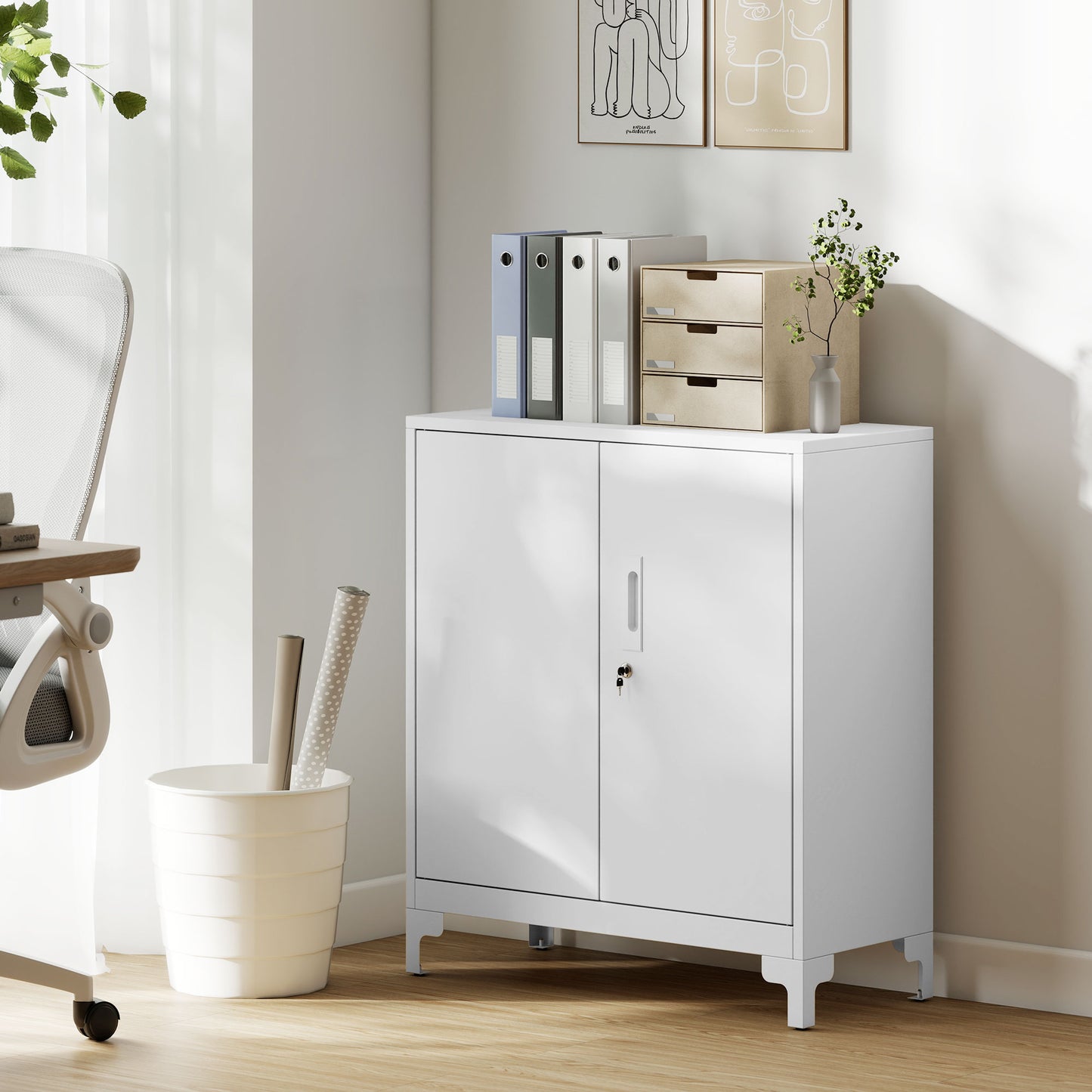 Metal Office Cabinet, Lockable Doors, 2-Tier, White