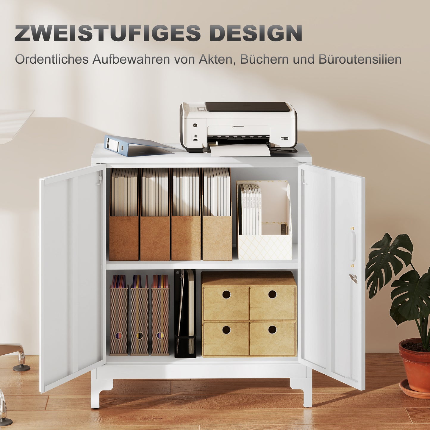 Metal Office Cabinet, Lockable Doors, 2-Tier, White