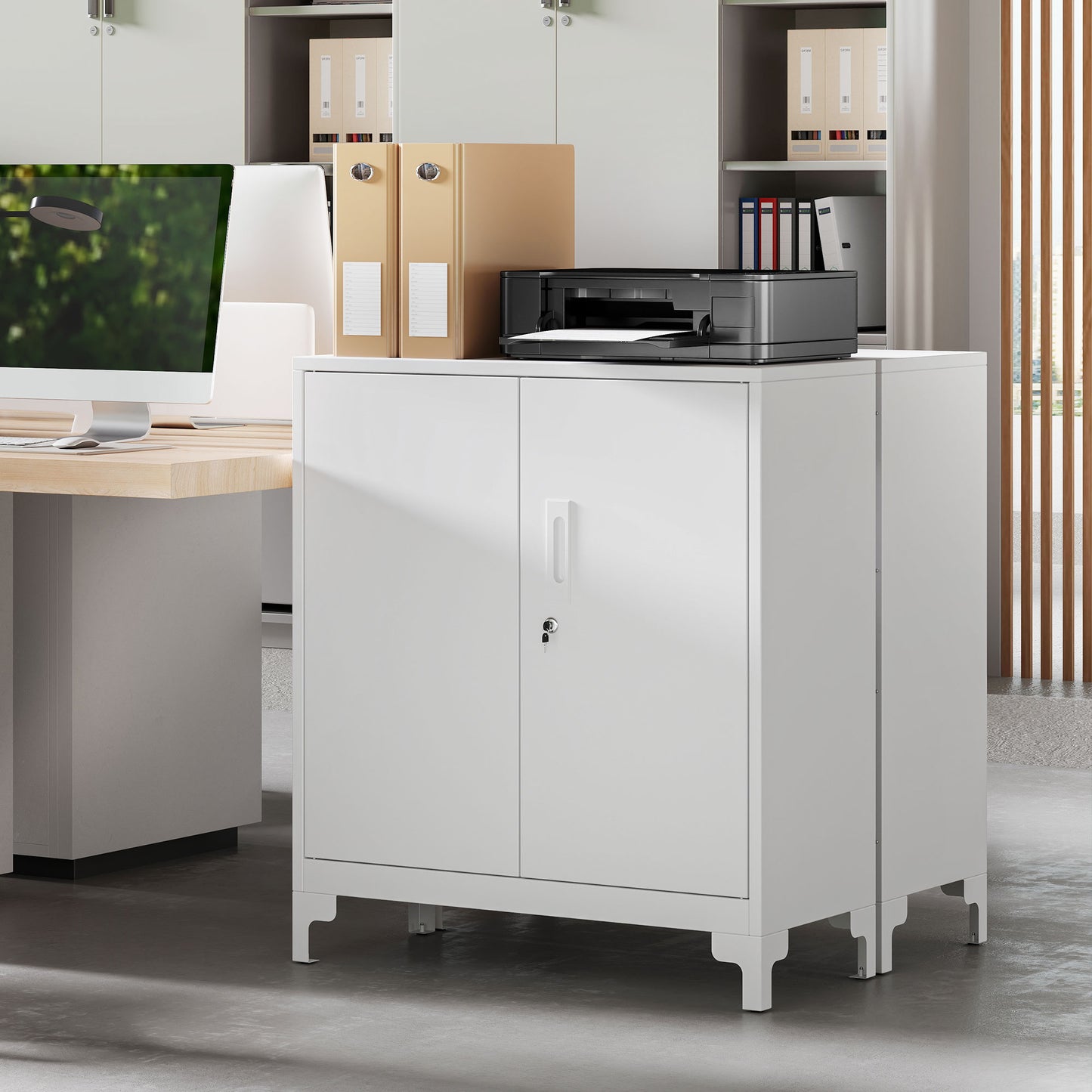 Metal Office Cabinet, Lockable Doors, 2-Tier, White