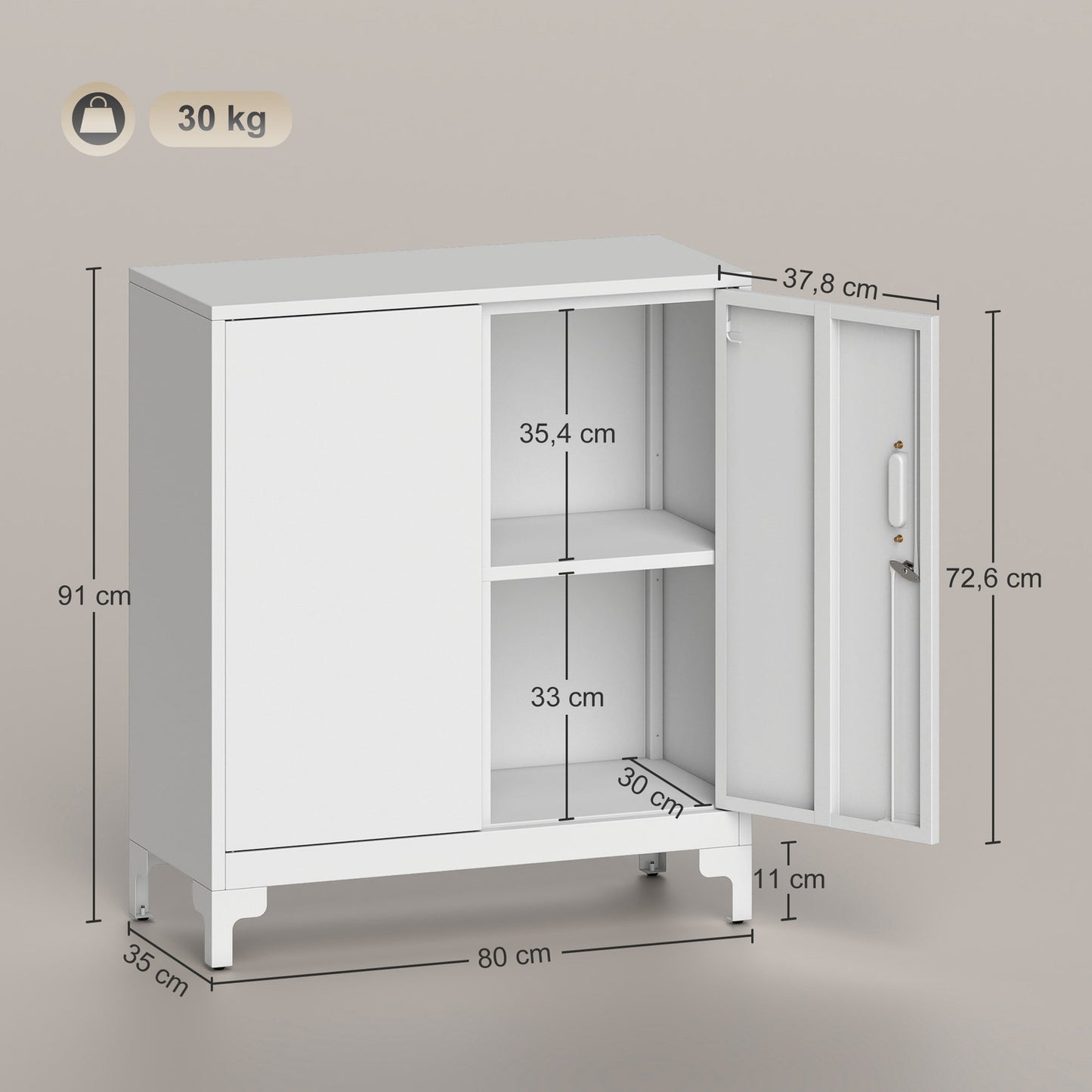 Metal Office Cabinet, Lockable Doors, 2-Tier, White