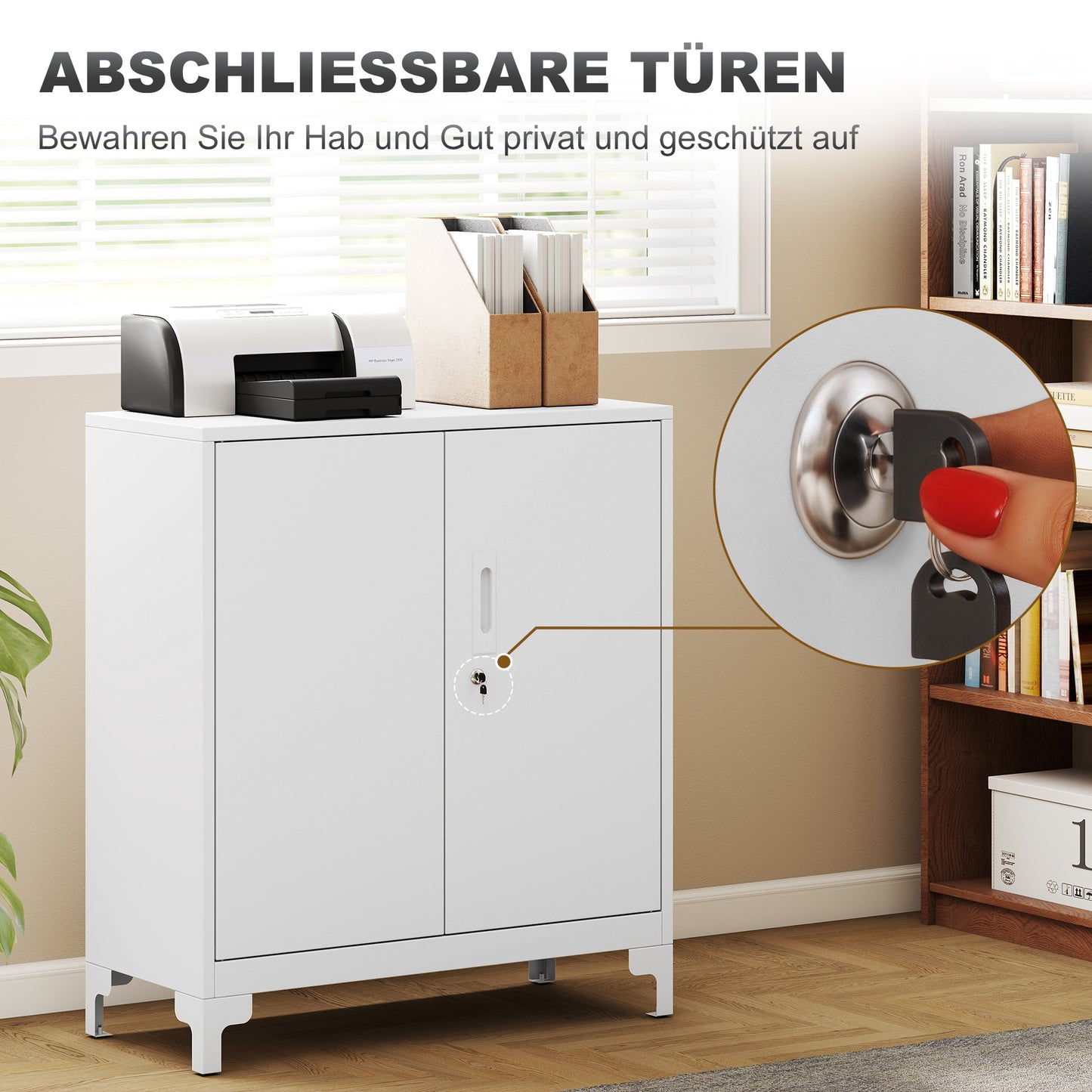 Metal Office Cabinet, Lockable Doors, 2-Tier, White