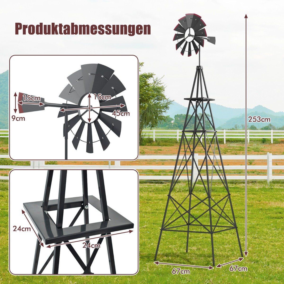 Metal Pinwheel with 4 Support Legs Weatherproof Windmill for Garden Yard 67 x 67 x 253 cm Gray