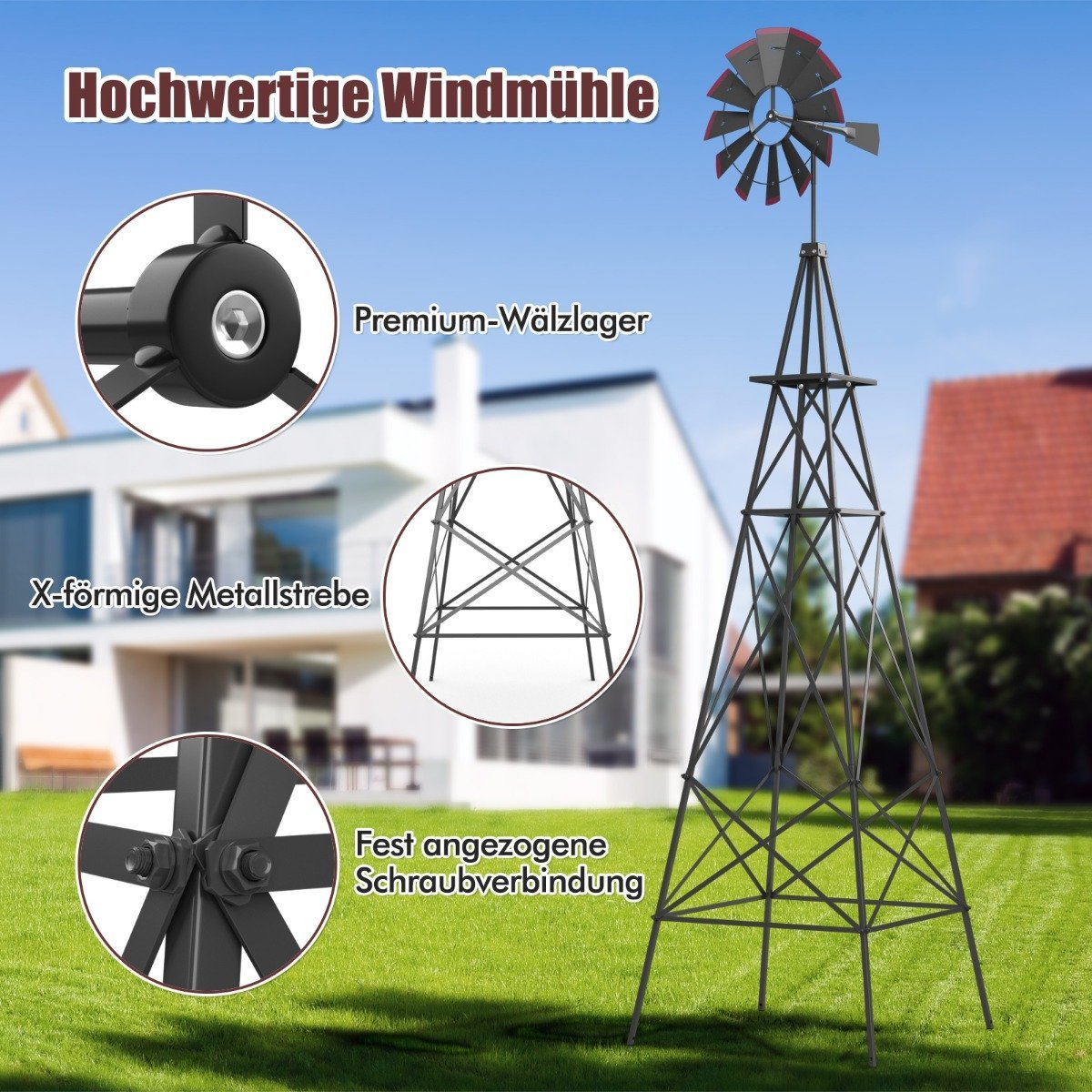 Metal Pinwheel with 4 Support Legs Weatherproof Windmill for Garden Yard 67 x 67 x 253 cm Gray