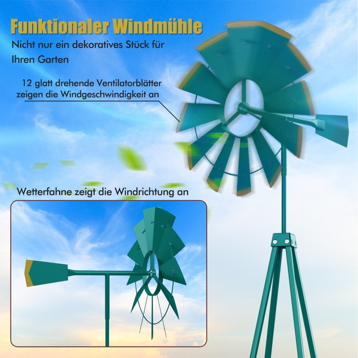 Metal Pinwheel with 4 Support Legs Weatherproof Windmill for Garden Yard 67 x 67 x 253 cm Green