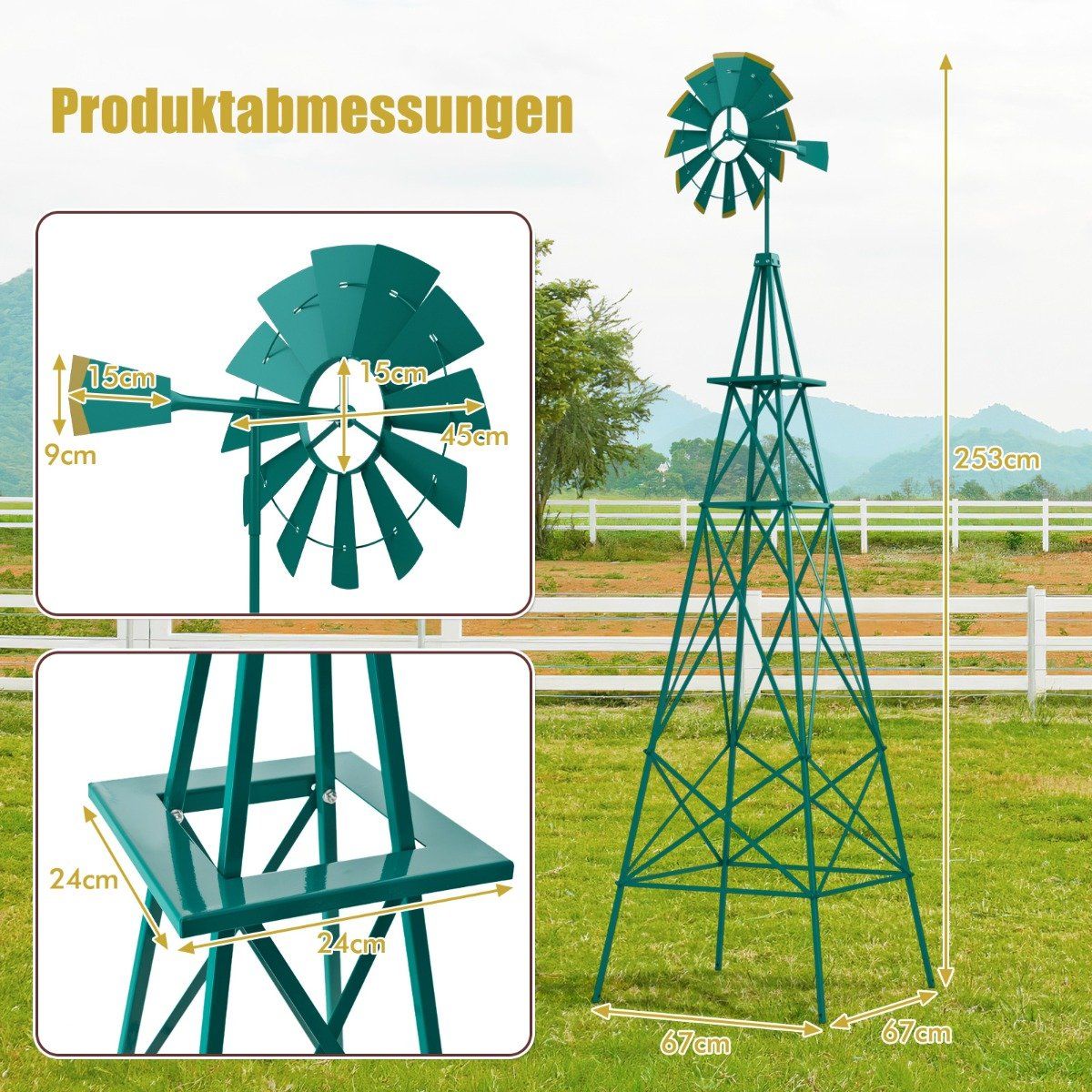 Metal Pinwheel with 4 Support Legs Weatherproof Windmill for Garden Yard 67 x 67 x 253 cm Green