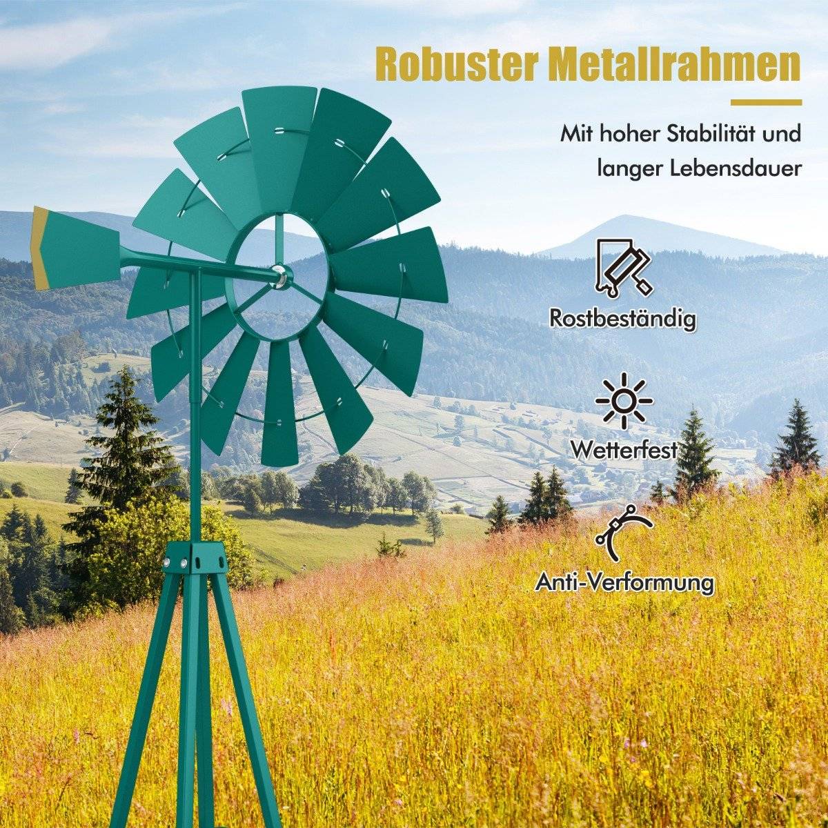 Metal Pinwheel with 4 Support Legs Weatherproof Windmill for Garden Yard 67 x 67 x 253 cm Green