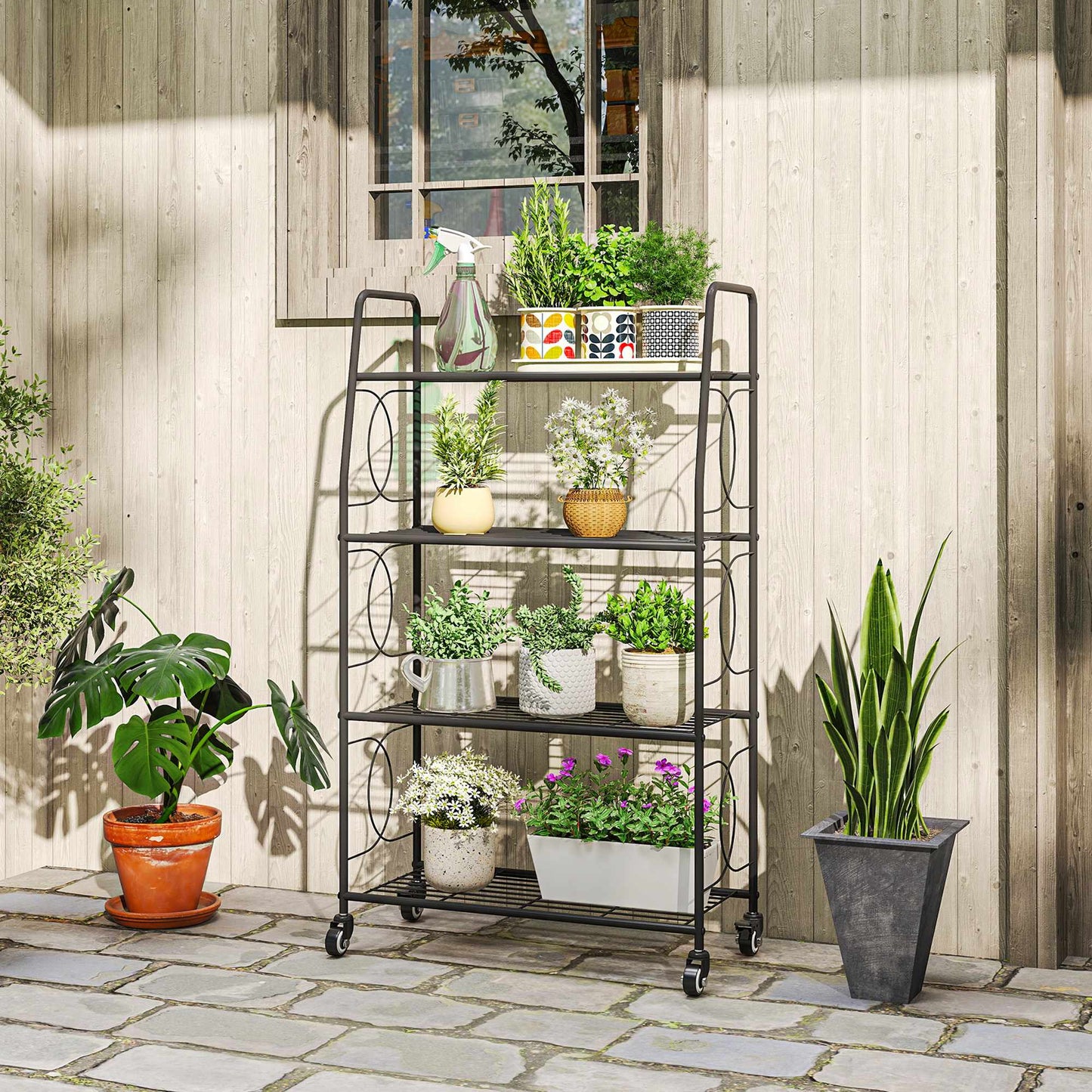 Metal Plant Stand, 4-Tier with Lockable Wheels