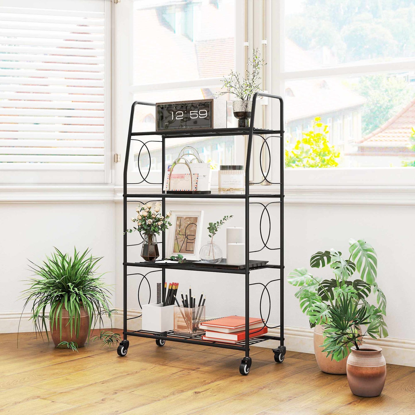 Metal Plant Stand, 4-Tier with Lockable Wheels