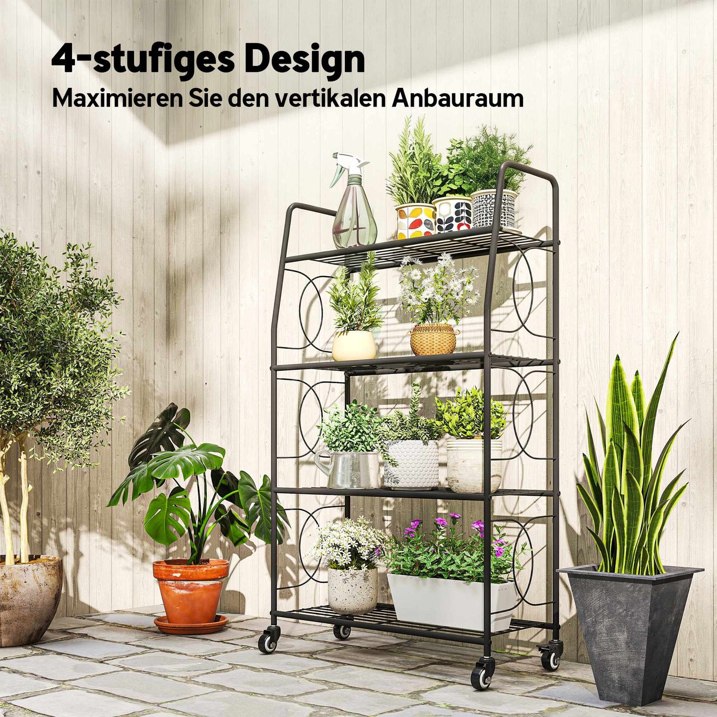 Metal Plant Stand, 4-Tier with Lockable Wheels
