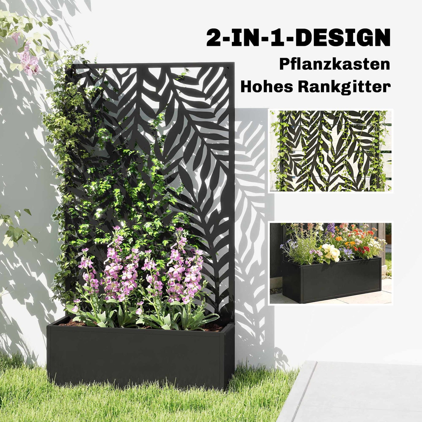 Metal Planter Box with Trellis, 20L Capacity, Black