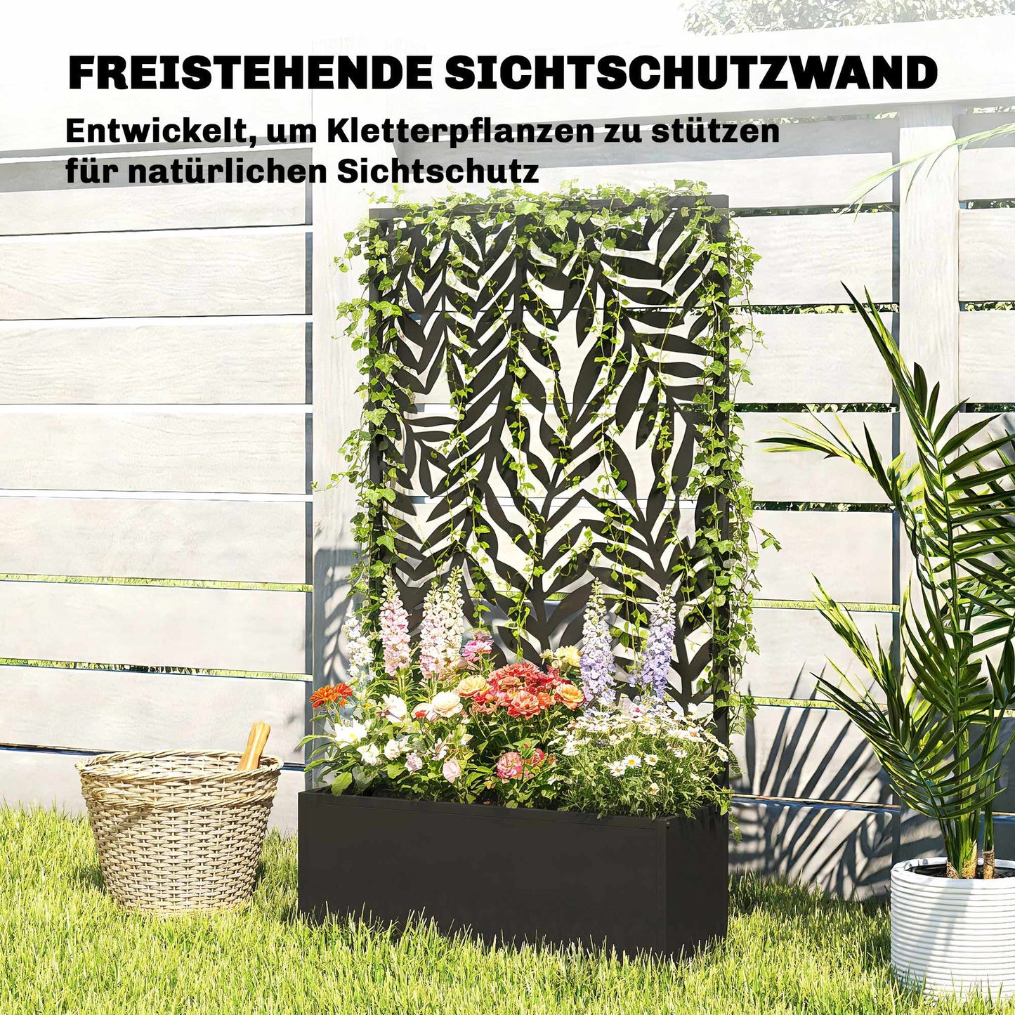 Metal Planter Box with Trellis, 20L Capacity, Black
