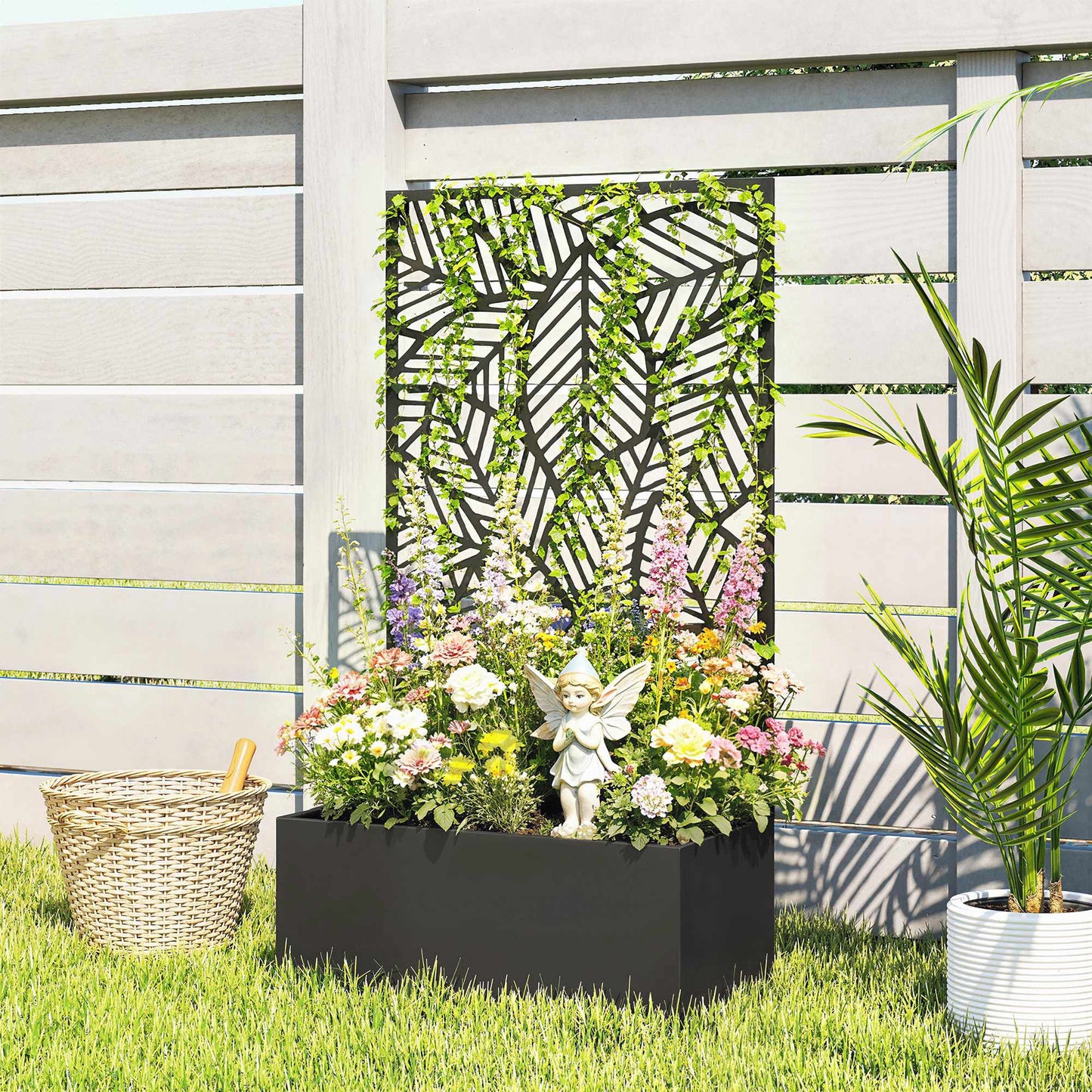 Metal Planter Box with Trellis, 38L Capacity, Black