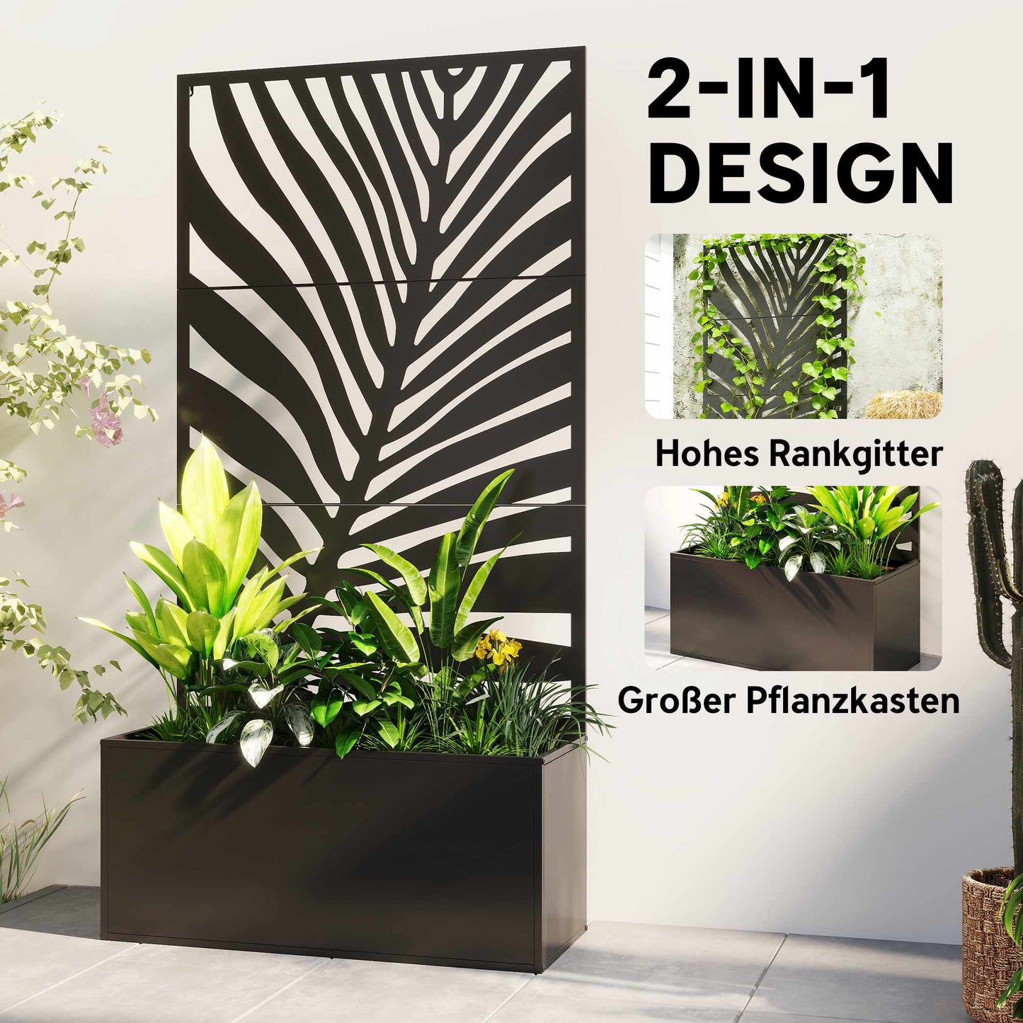 Metal Planter Box with Trellis, 90 x 40 x 180 cm, Black