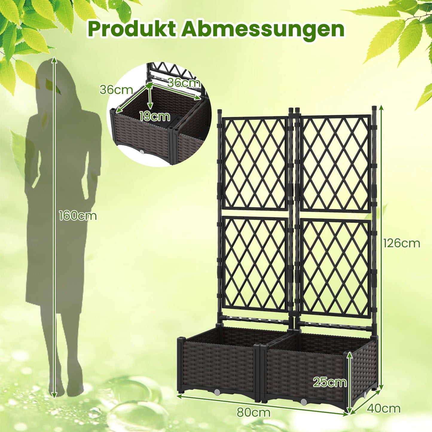 Metal Planter Box with Trellis, Self-Watering, 80x40x126 cm