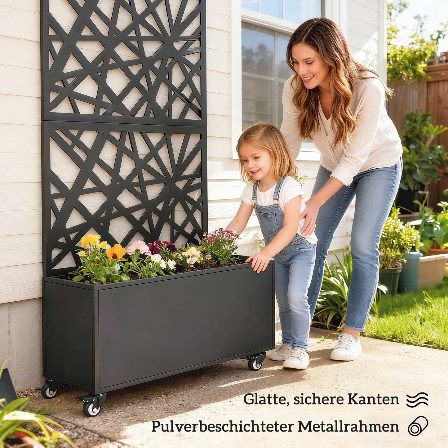 Metal Planter Box with Trellis, Wheels, 90x30x160 cm