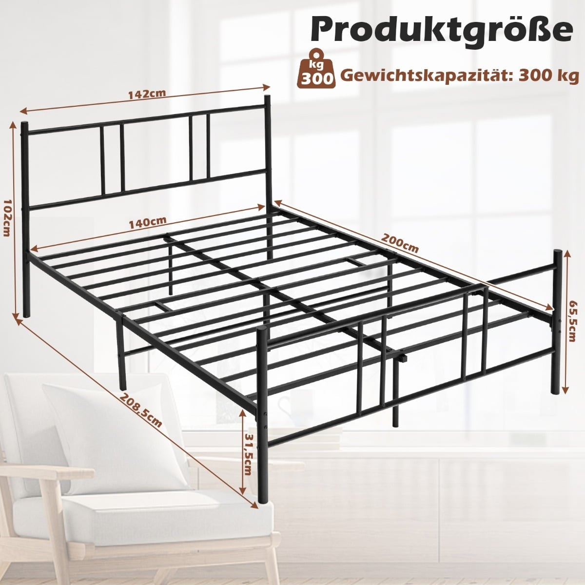Metal Platform Bed Frame, 200x140 cm, Black, Storage Space