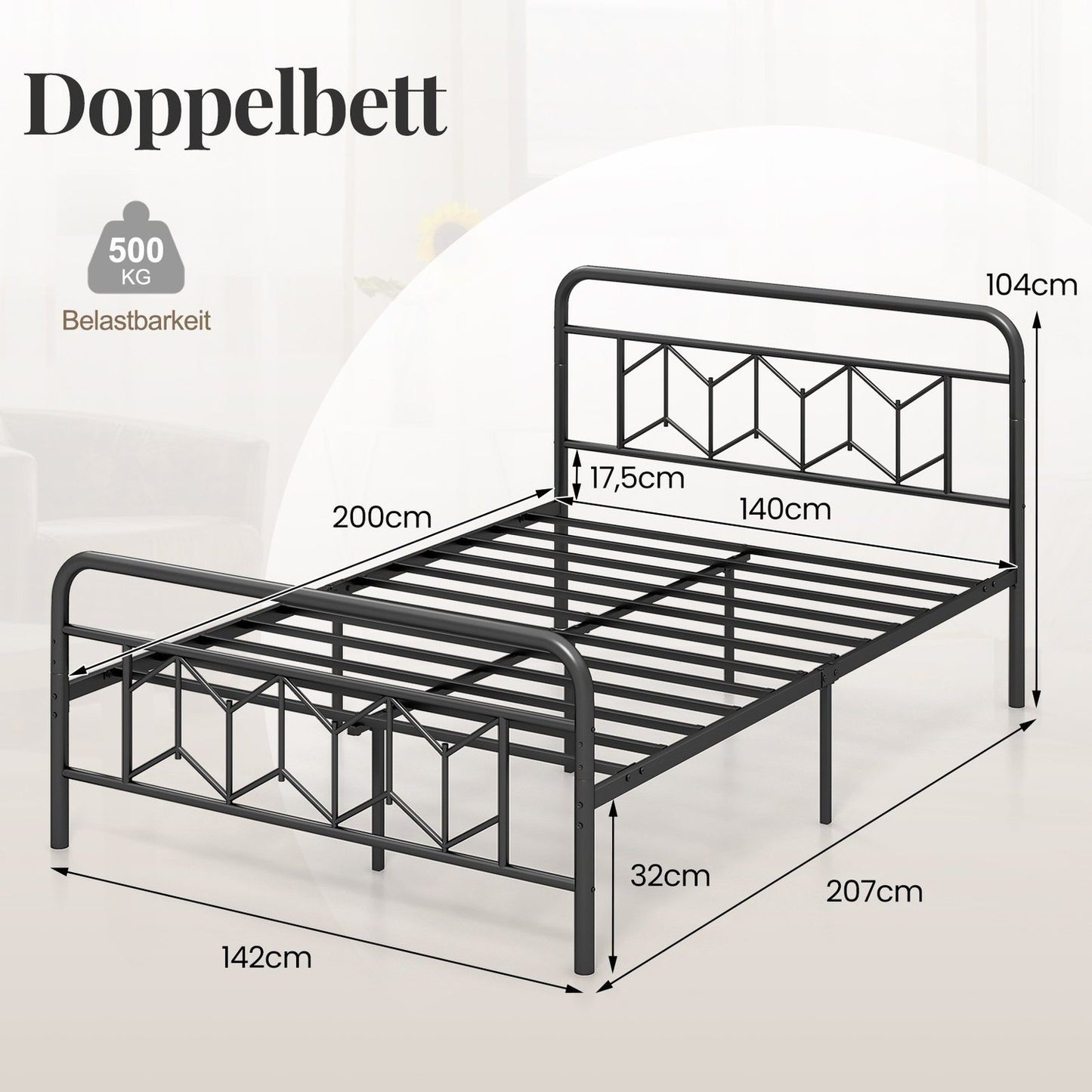 Metal Platform Bed Frame for 200 x 140 cm Mattress, Black