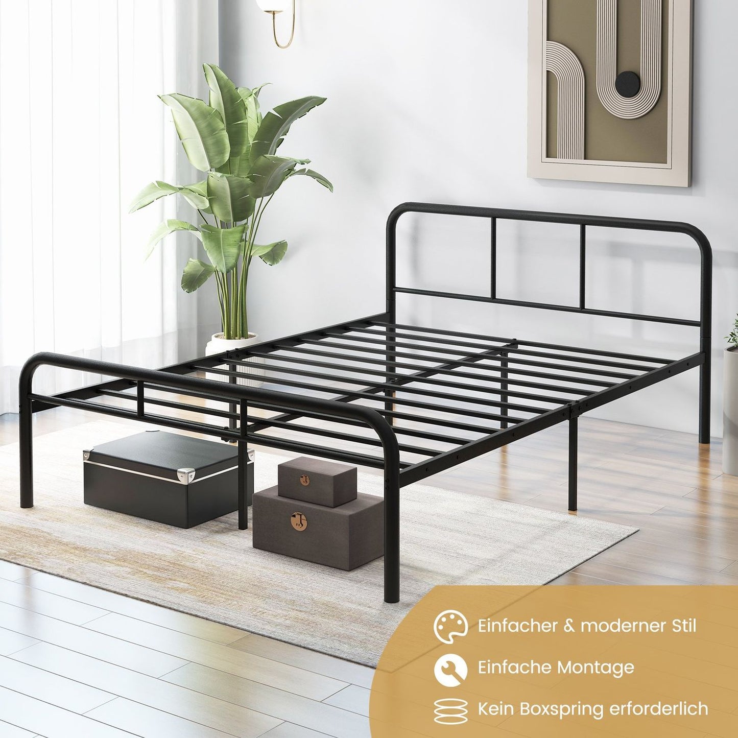 Metal Platform Bed Frame with Headboard & Footboard, 140x190 cm