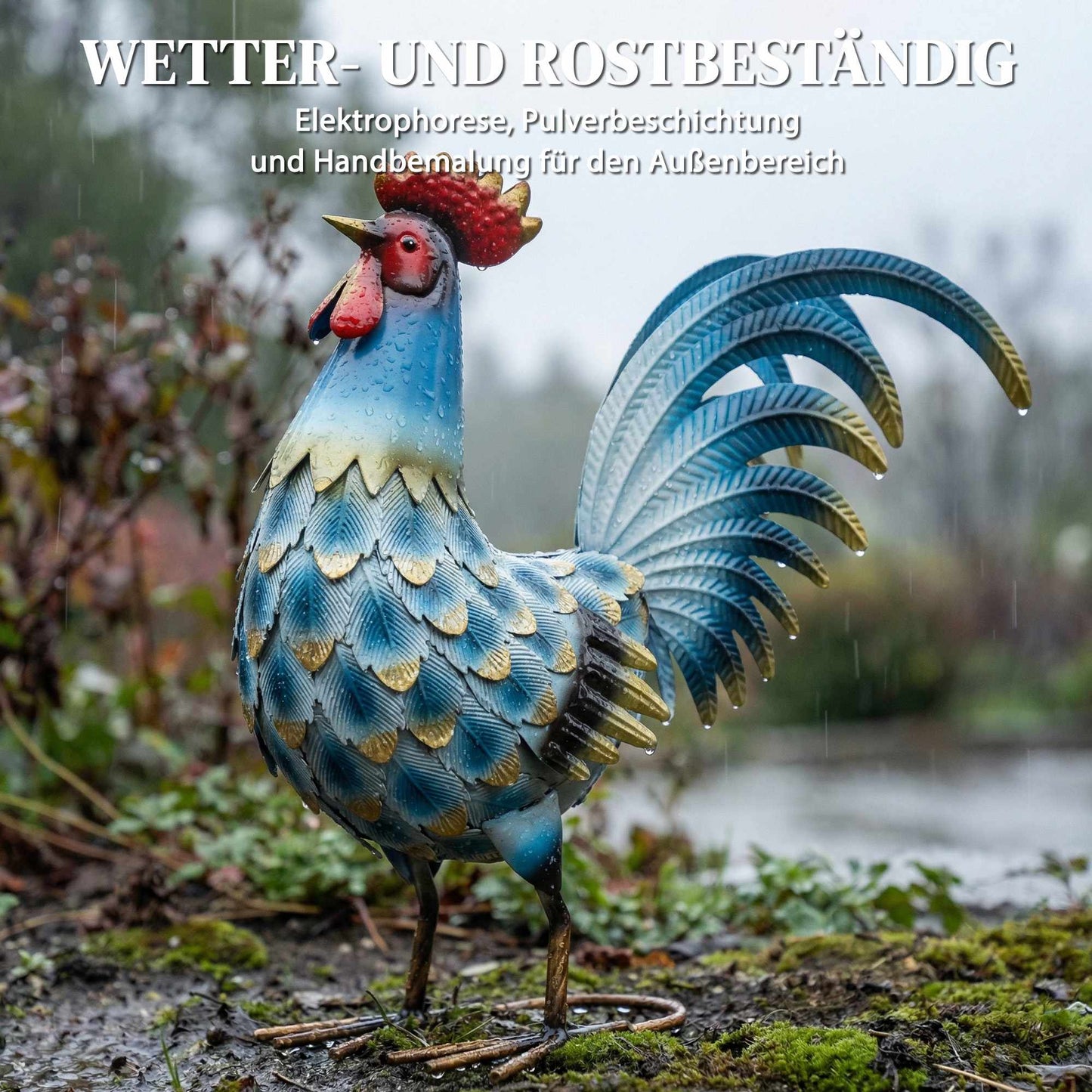 Metal Rooster Garden Statue, 41 cm, Multicolor, Anchors