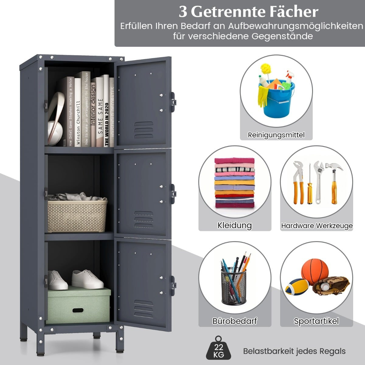 Metal Storage Locker with 3 Lockable Doors, Adjustable Feet