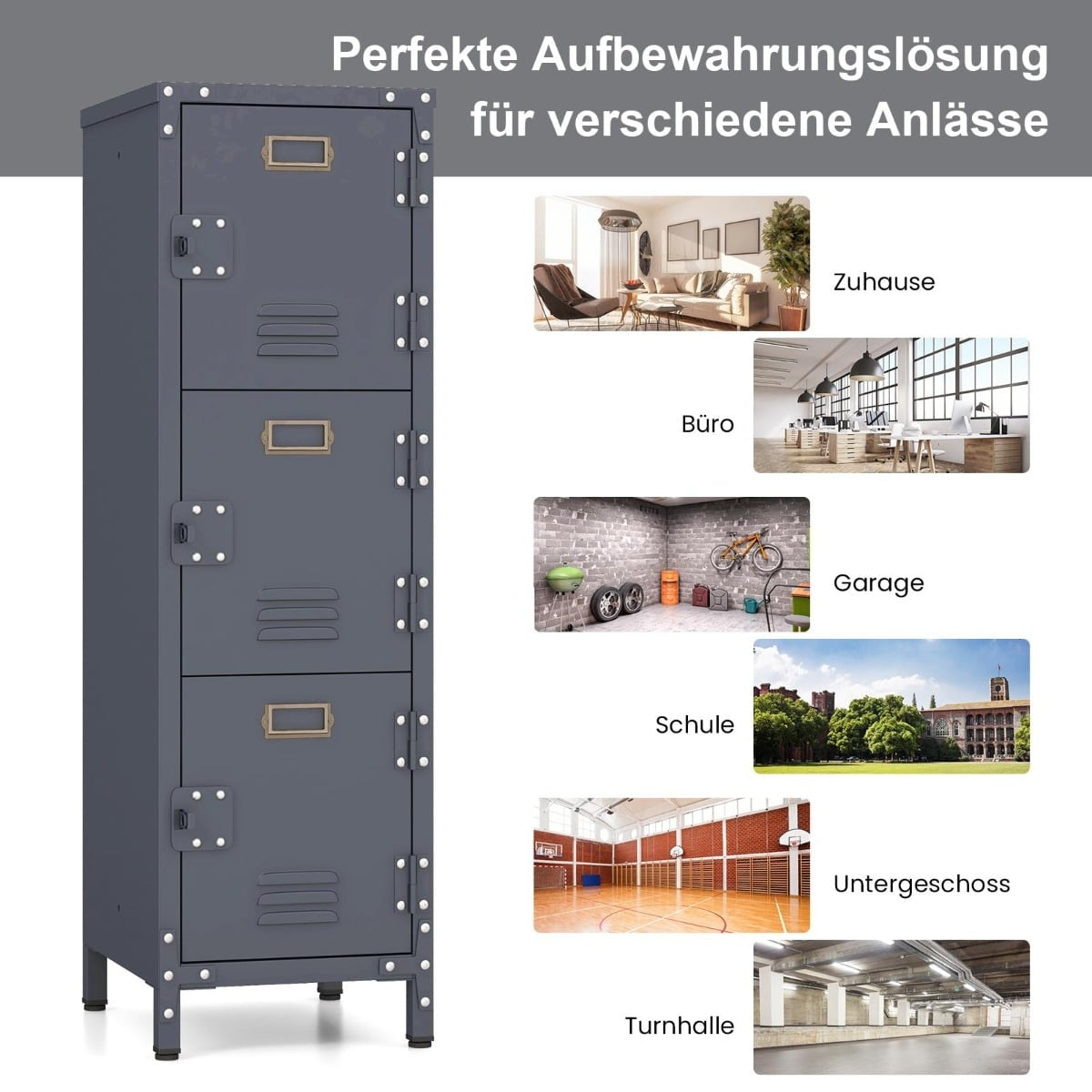 Metal Storage Locker with 3 Lockable Doors, Adjustable Feet