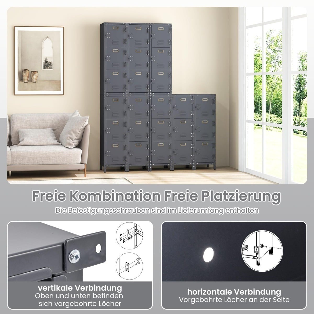 Metal Storage Locker with 3 Lockable Doors, Adjustable Feet