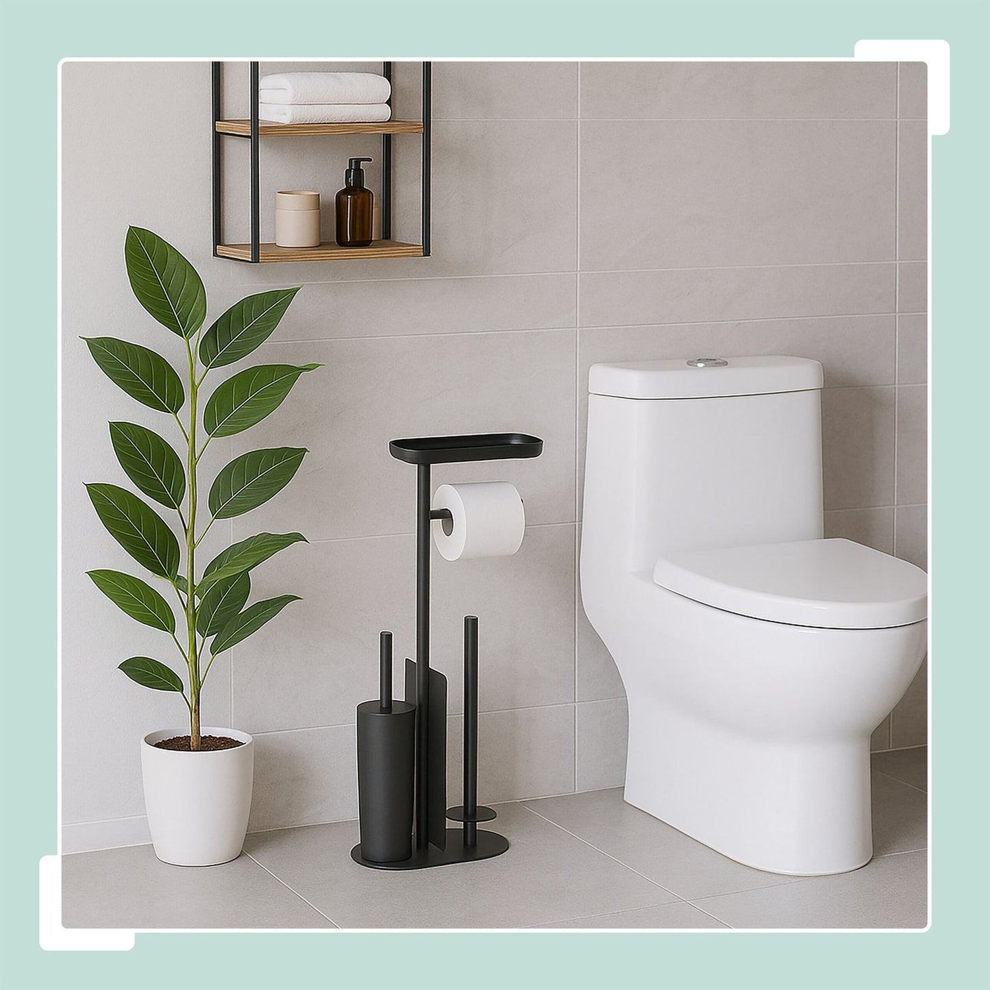 Metal Toilet Paper Holder with Brush and Shelf