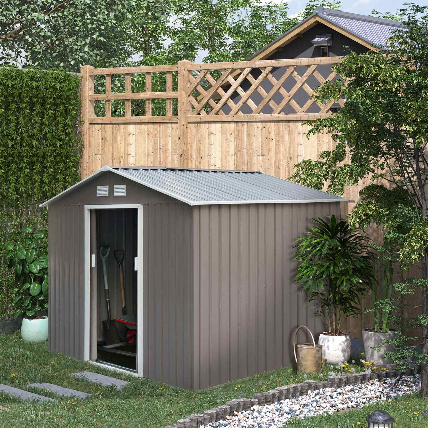 Metal garden tool shed with foundation, weatherproof, gray