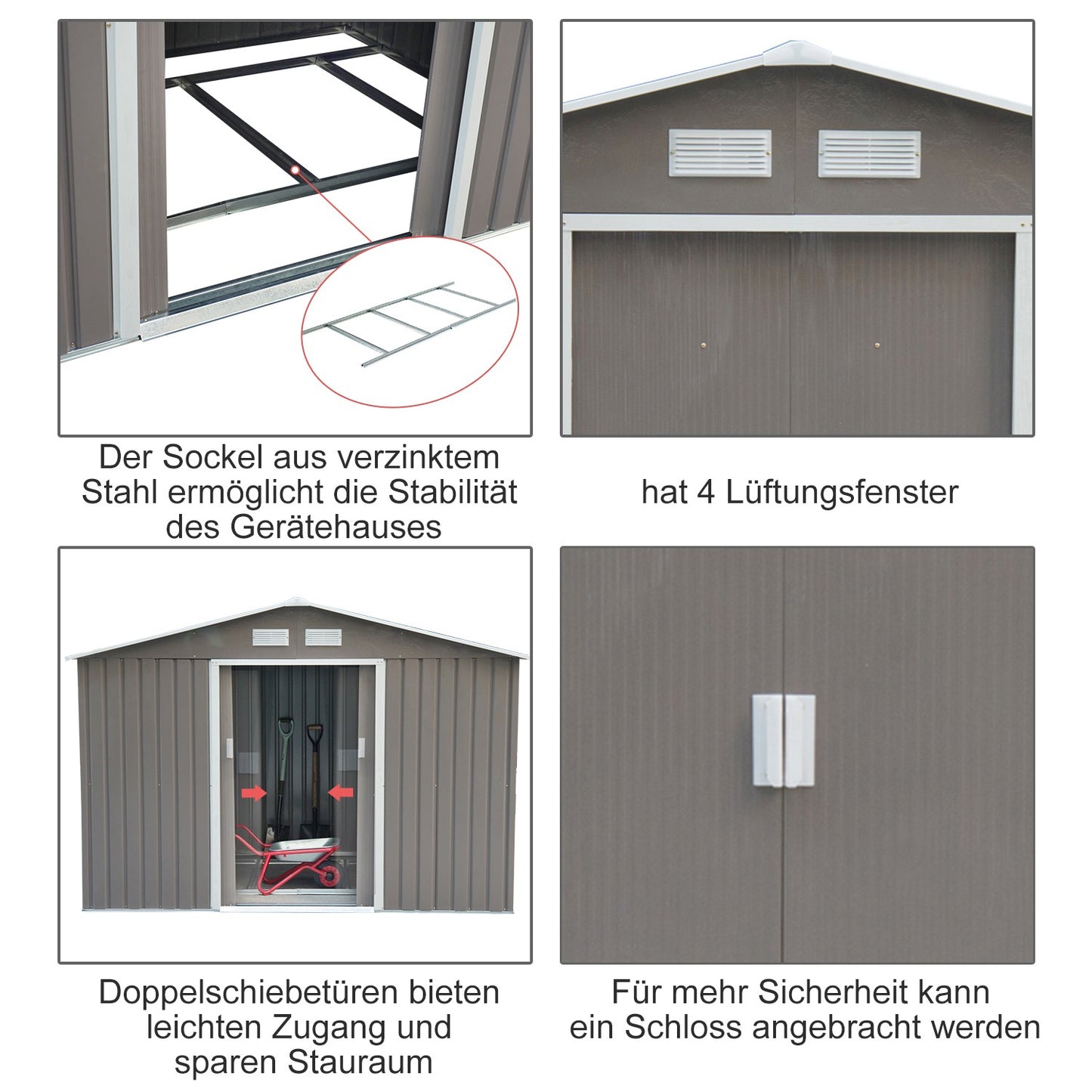 Metal garden tool shed with foundation, weatherproof, gray