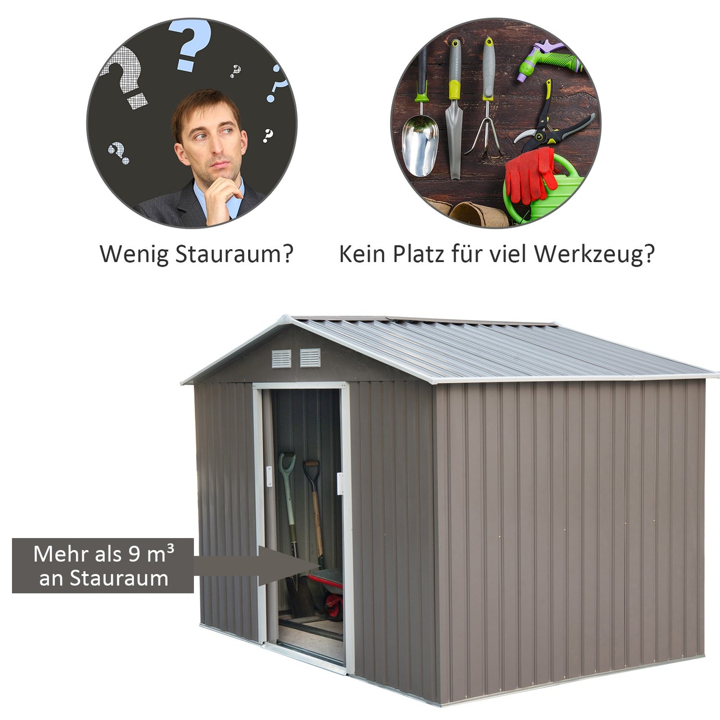 Metal garden tool shed with foundation, weatherproof, gray