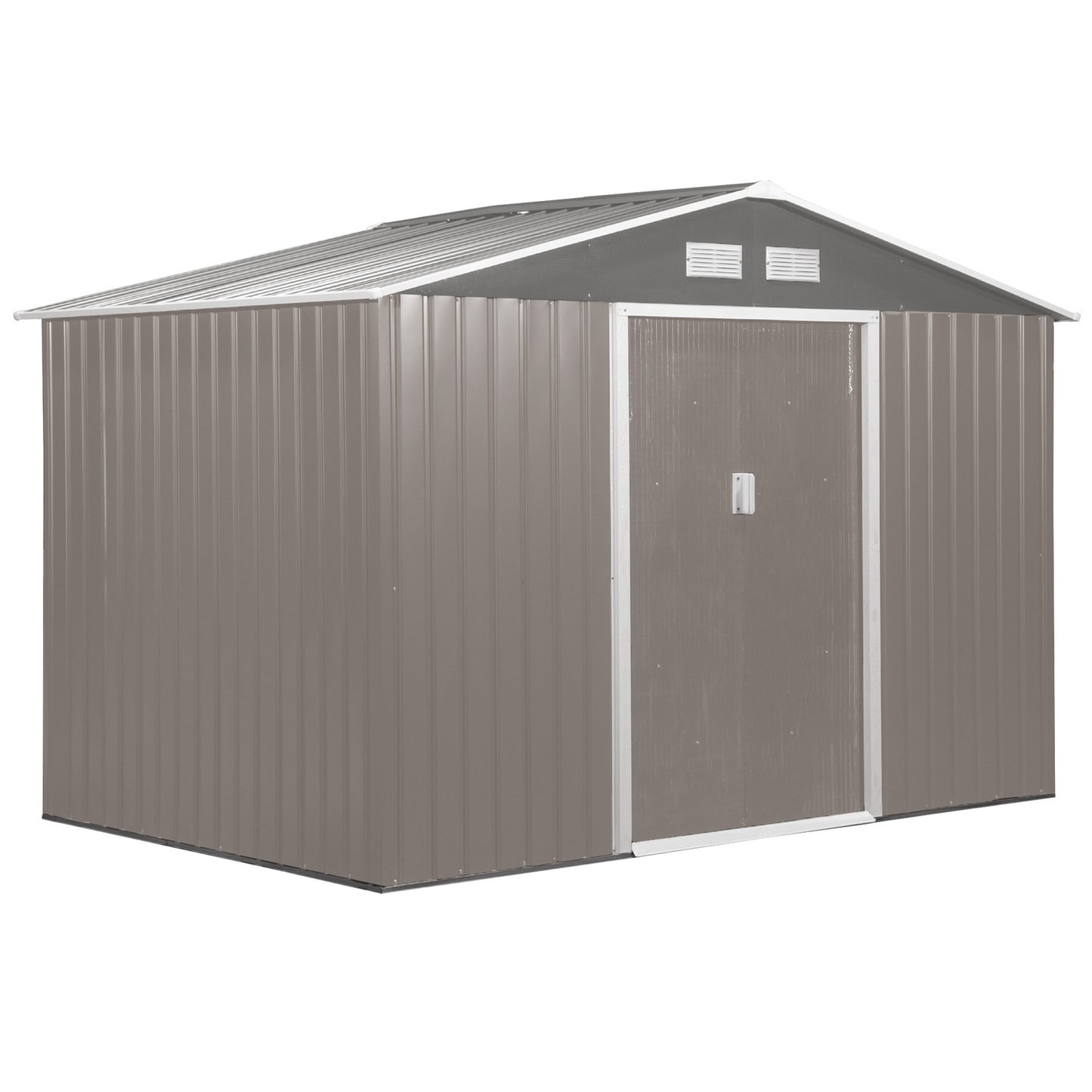 Metal garden tool shed with foundation, weatherproof, gray