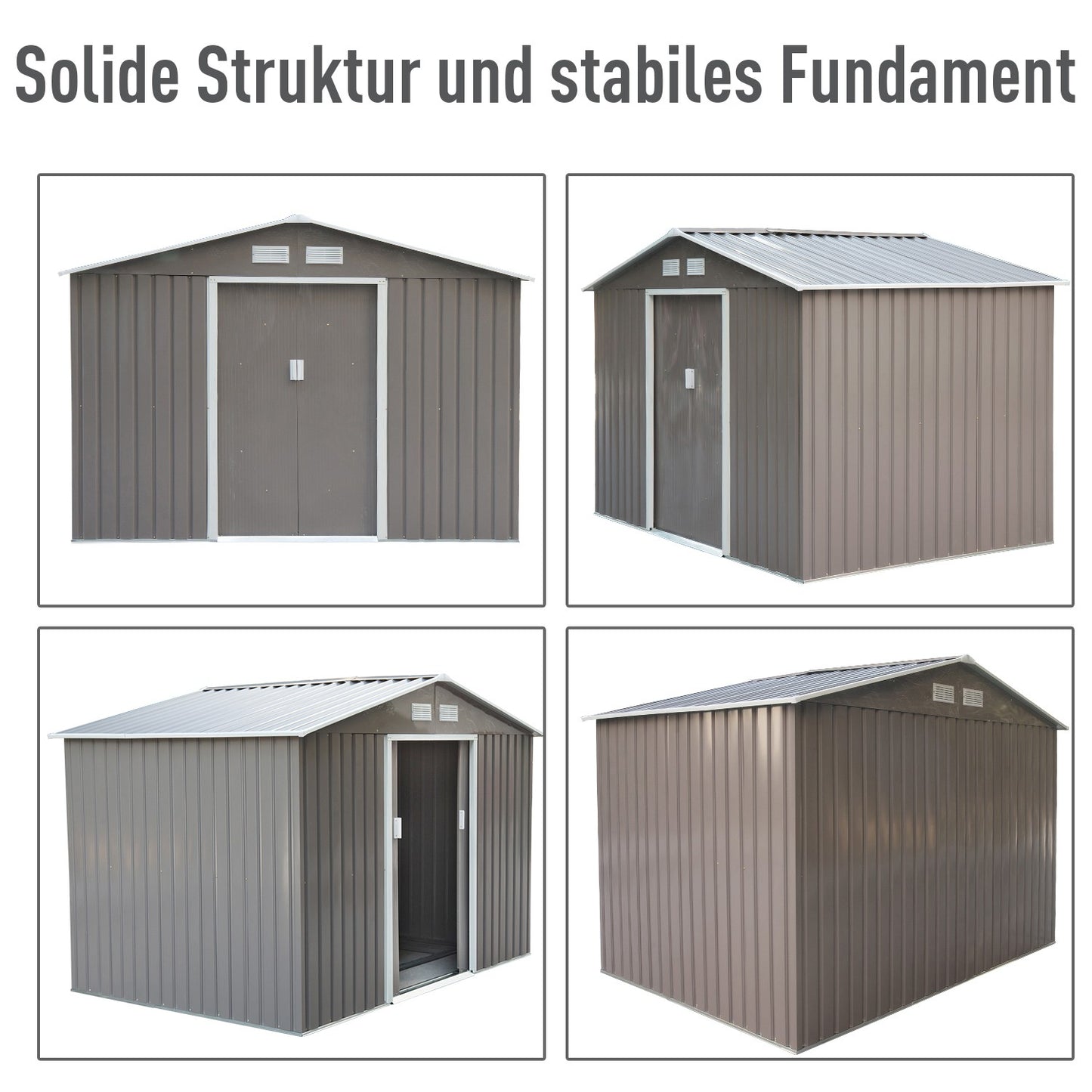Metal garden tool shed with foundation, weatherproof, gray