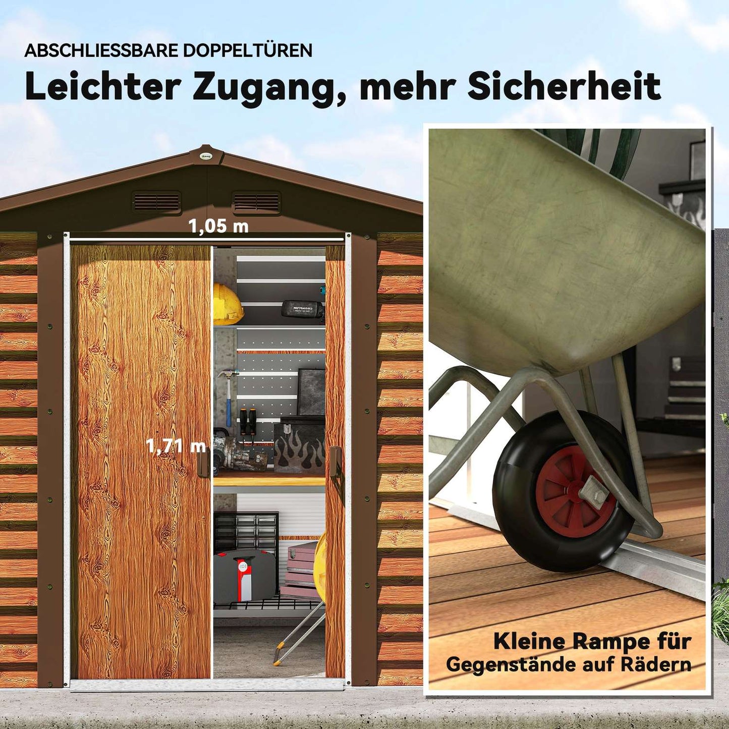 Metal tool shed with gable roof, wood look, 3 m²
