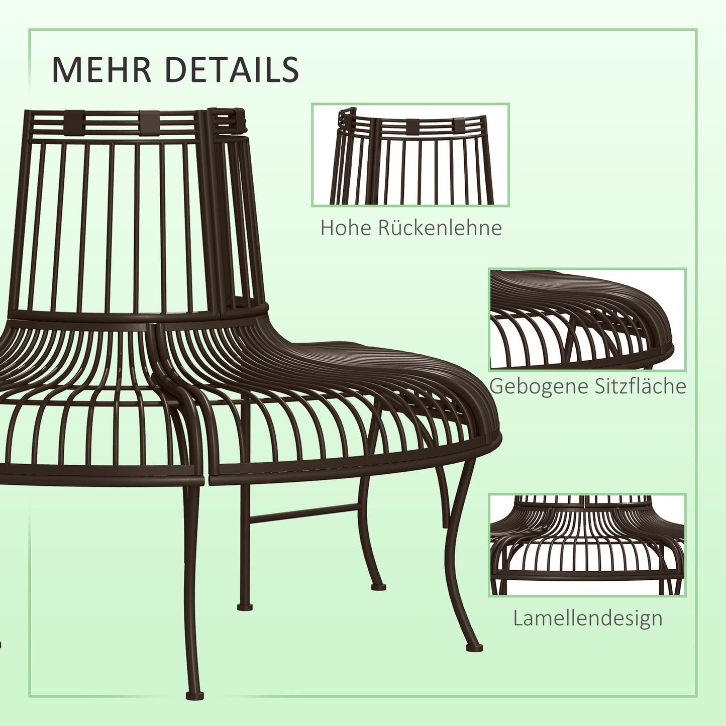 Semi-circular metal tree bench for 37 cm logs, 135 x 70 x 85 cm