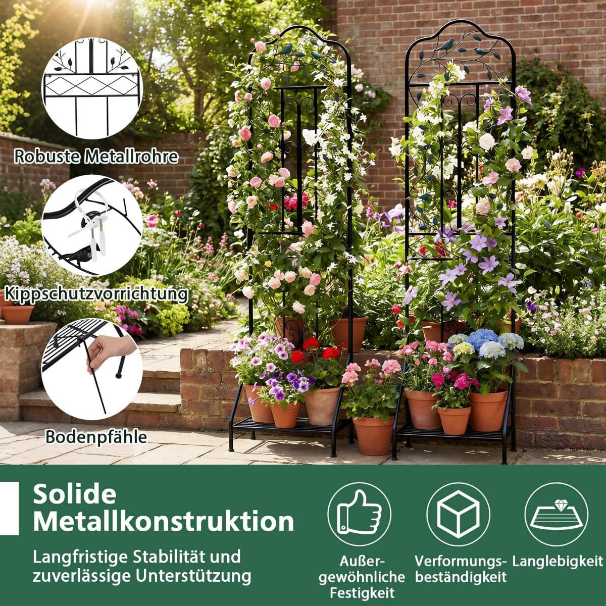 Metal Trellis Set, Black, 2-Piece Garden Fence & Plant Stand