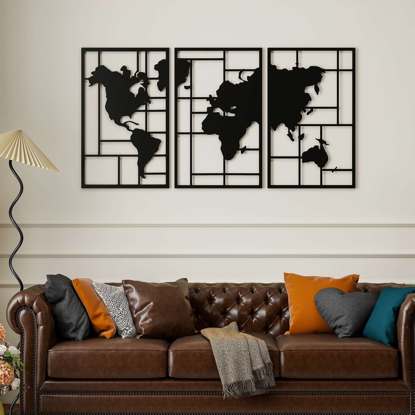 Metal Wall Art Set – 3-Piece World Map, 50x80 cm, Black
